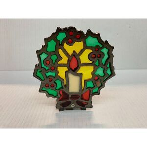 Vtg Christmas cast iron stained glass votive candle holder wreath Tiffany Style